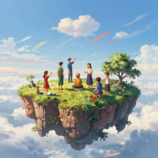 Digital anime-style illustration of diverse children standing on a grassy cliff island in a bright blue sky with clouds. They play, point, and admire the