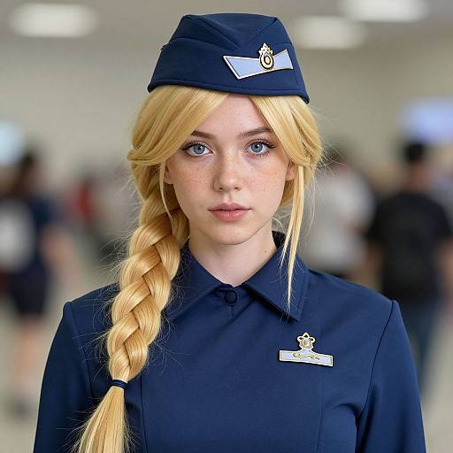 Photograph of a young blonde woman with blue eyes, wearing a navy blue uniform, cap, and braided hair, standing in a blurred indoor background
