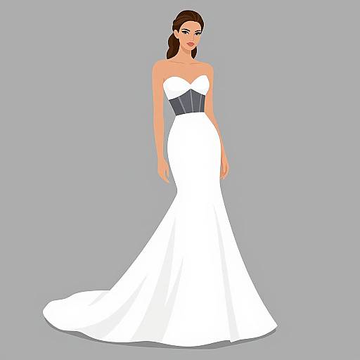Digital illustration of a woman with dark brown hair in a ponytail, wearing a strapless, white, form-fitting wedding gown with a black cor