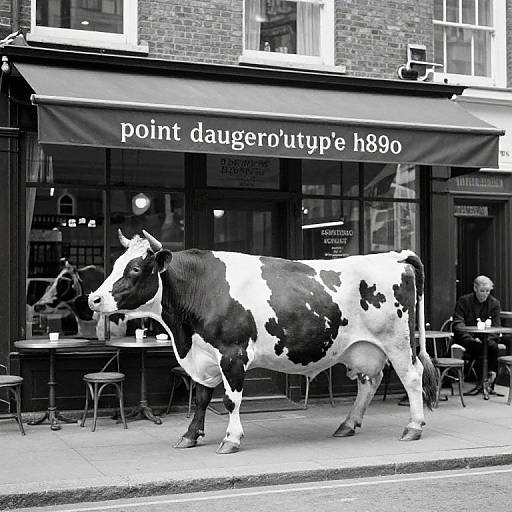 Black-and-white photo of a large black-and-white cow walking past a 
