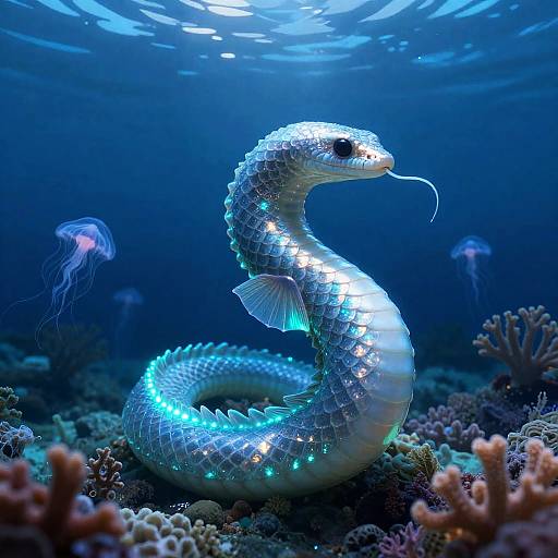 Luminescent Sea Serpent Beneath Moonlit Ocean