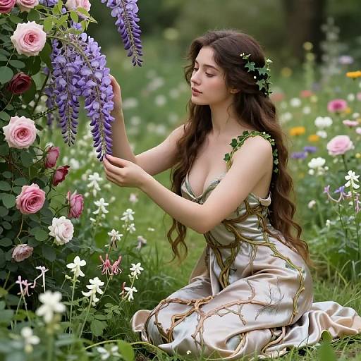 A fair-skinned, long-haired woman in a white, gold-embroidered dress kneels, gently touching purple flowers in a lush, colorful