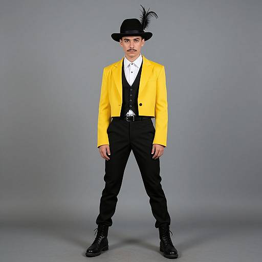 Photograph of a man in a bright yellow jacket, black vest, white shirt, black pants, black boots, and black hat with a feather,