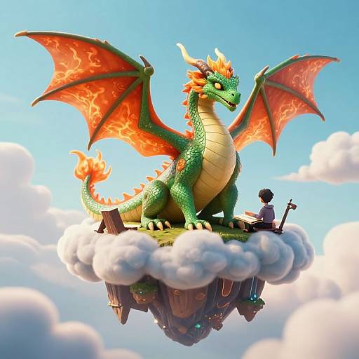 Digital illustration of a green dragon with orange wings and fiery spikes, standing on a floating cloud, with a small boy sitting beside it, holding a cross