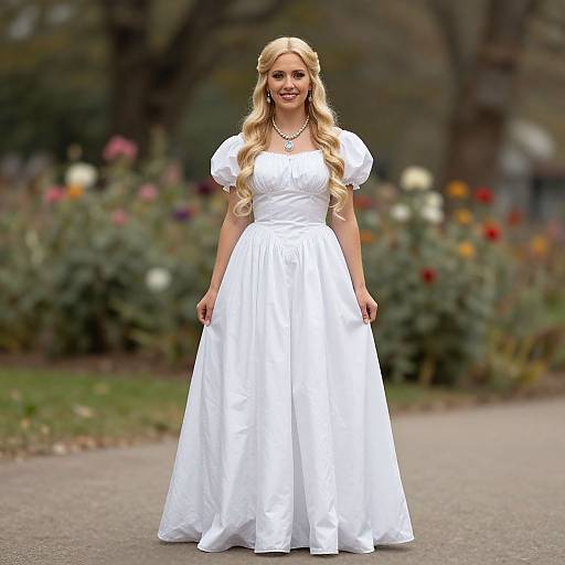 Photograph of a blonde woman with wavy hair, wearing a white, puffed-sleeve, full-length wedding dress, standing in a colorful