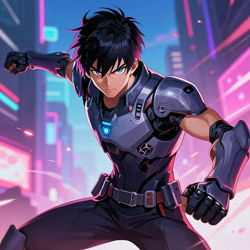 Digital anime-style illustration of a muscular, black-haired young man with glowing blue eyes, wearing futuristic black armor, in a dynamic, neon-lit urban