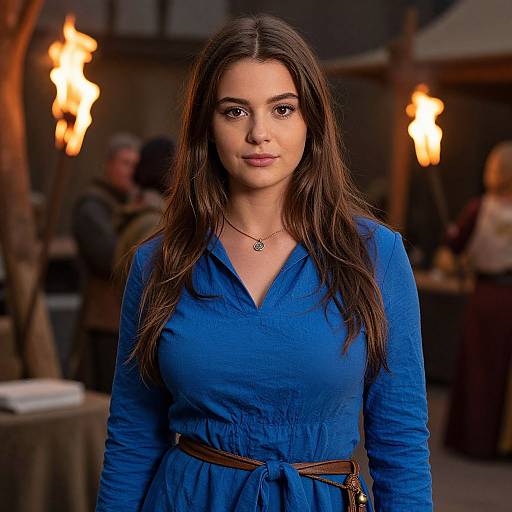 Photograph of a young woman with long brown hair, wearing a blue long-sleeve dress, brown belt, and necklace, standing in a dim
