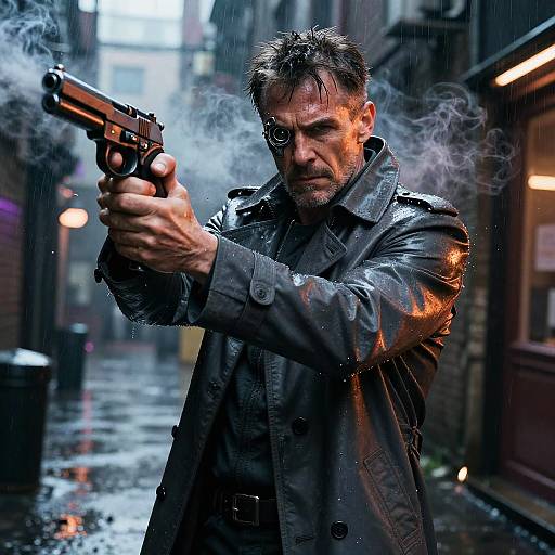 Photorealistic digital art of a rugged, bearded man in a wet, leather jacket, firing a gun in a rain-soaked, dimly