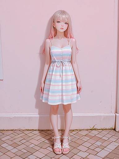 Woman in Pastel Striped Sundress and Sandals