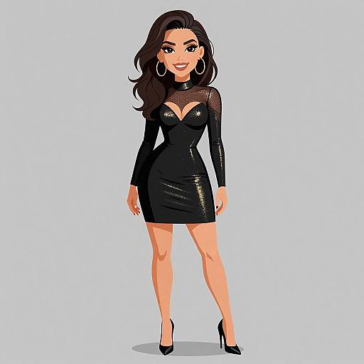 Digital illustration of a confident woman with long dark hair, wearing a black mesh long-sleeve dress, black high heels, and large hoop earrings,
