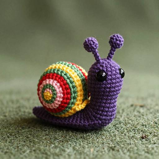 Photograph of a purple crochet snail with black eyes, colorful spiral shell (red, yellow, green), on green textured fabric.