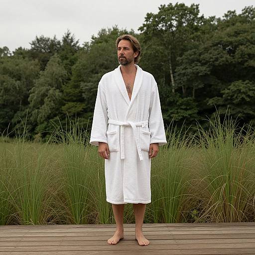 Photograph of a bearded man with medium-length brown hair, wearing a white bathrobe, standing barefoot on a wooden deck, with tall grass