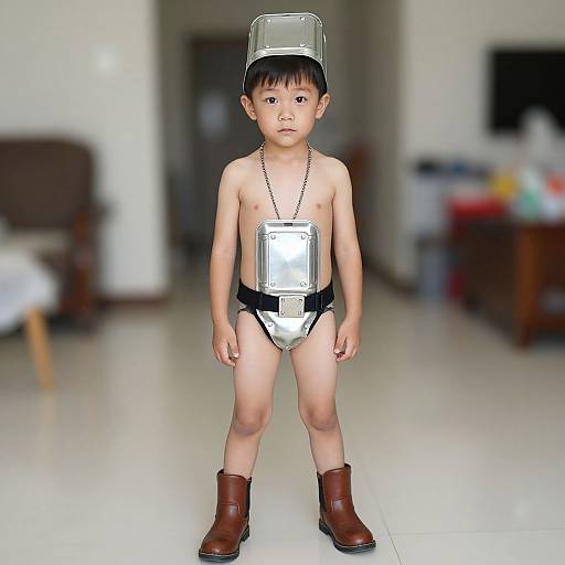 Photograph of a young Asian boy standing in a blurred indoor setting, wearing a silver helmet, metallic chest plate, black thong, and brown boots