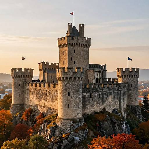 Photograph of a majestic medieval stone castle with multiple towers, battlements, and flags, illuminated by sunset light, surrounded by autumn foliage and rocky terrain