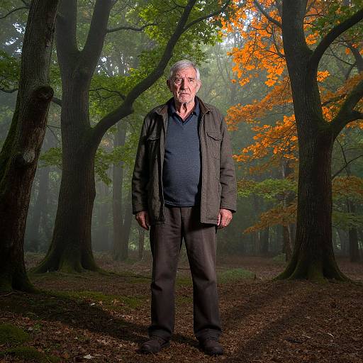 Photograph of an elderly white man with gray hair, wearing a black jacket, blue shirt, and dark pants, standing in a misty forest with
