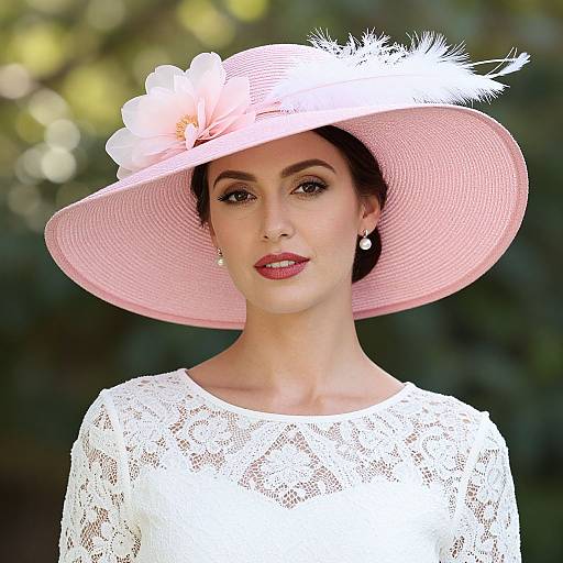 Photograph of a fair-skinned woman with dark hair, wearing a white lace dress and a pink wide-brimmed hat adorned with a flower and