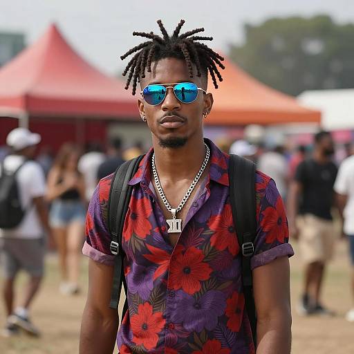 Young Man at Music Festival in Floral Shirt