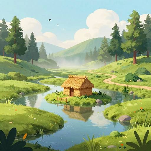 Digital illustration of a rustic thatched hut beside a serene, reflective stream in a lush, sunlit mountain meadow with trees and a winding path.