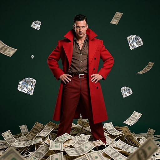 Photograph of a confident man in a red coat, brown shirt, and black pants, standing amidst flying diamonds and money, against a dark green background