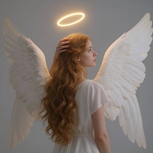 Photograph of a fair-skinned, red-haired angelic woman with white wings and a glowing halo, wearing a white dress, against a gray background
