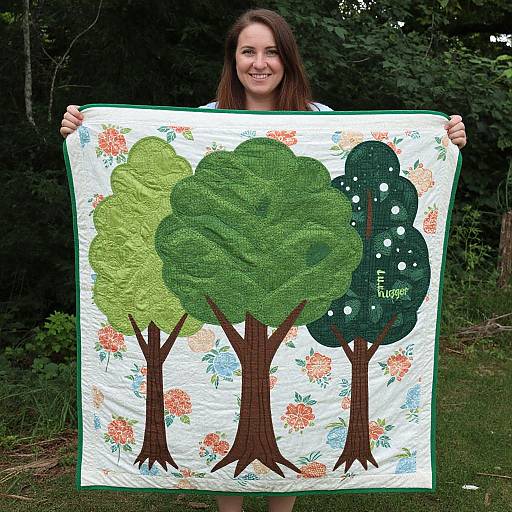 Woman Displaying Tree Hugger Quilt