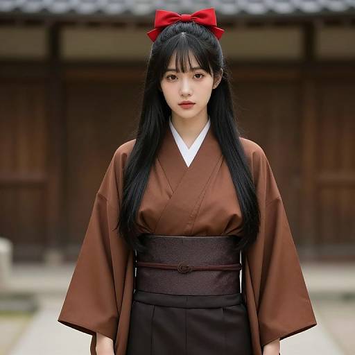 Female in Brown Kimono with Red Bow