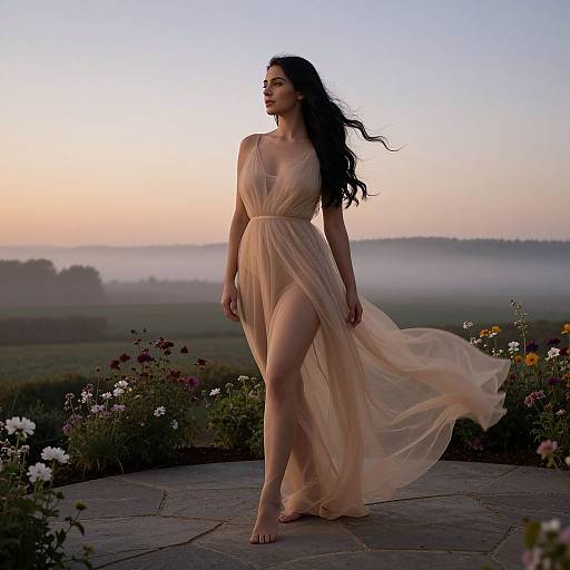 Graceful Woman at Dawn on Terrace