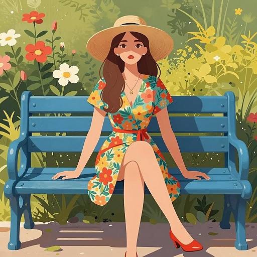 Woman in Floral Dress Sitting on Blue Bench