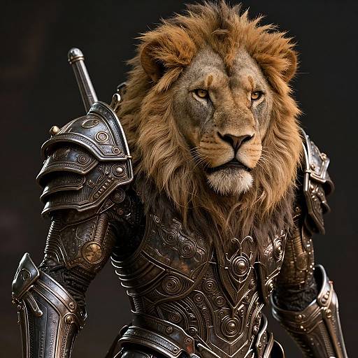 Digital artwork of a fierce lion warrior wearing intricately detailed, dark metallic armor with a sword on his back, against a dark background.