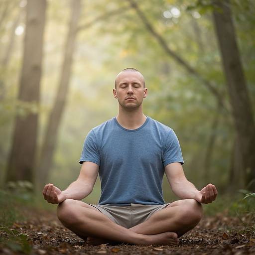 Photograph of a bald, fair-skinned man in a blue t-shirt and beige shorts, meditating in a forest, sitting cross-legged with hands