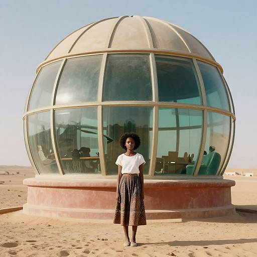 Photograph of an African woman with dark skin and short curly hair, wearing a white blouse and long black skirt, standing in front of a glass-dom