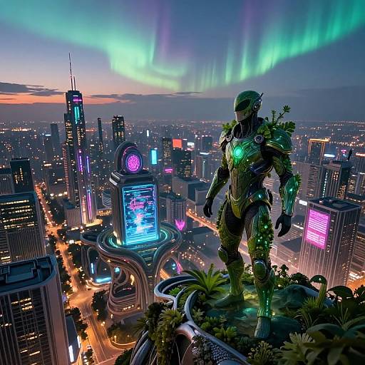 Cybernetic warrior statue with glowing green accents stands on rooftop, overlooking neon-lit futuristic cityscape with aurora borealis in sky. Digital