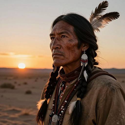 Photograph of a mature Native American man with braided black hair, feathered headband, and traditional attire, standing in a desert at sunset.