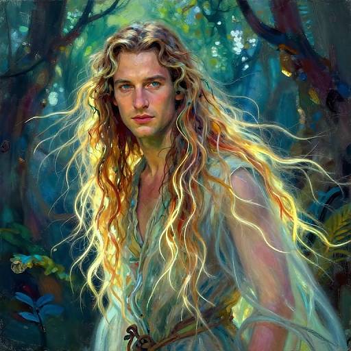 Digital painting of a young woman with long, wavy, glowing blonde hair, wearing a green, sleeveless, forest-dwelling outfit, set
