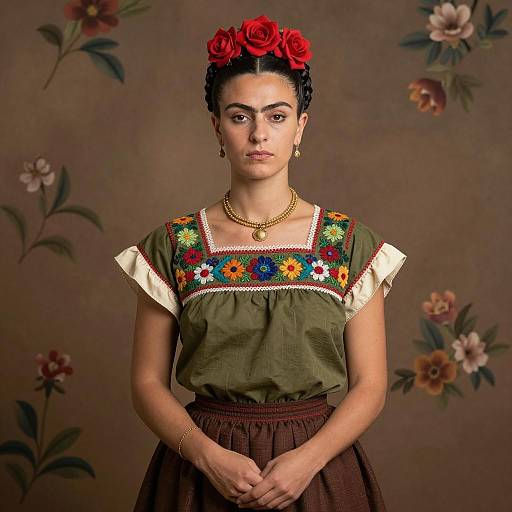Woman in Traditional Frida Kahlo Inspired Outfit