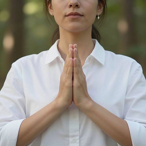 Photograph of an Asian woman with dark hair, wearing a white button-up shirt, hands in prayer position, standing outdoors in a forest.