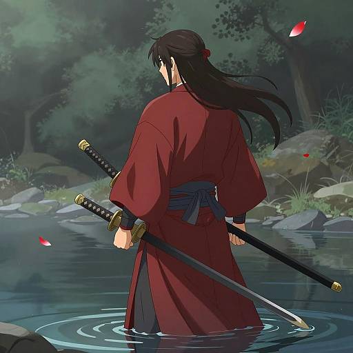 Lone Samurai in Misty Forest Scene