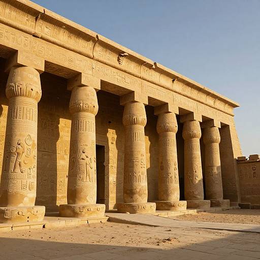 Photograph of ancient Egyptian temple with towering, intricately carved sandstone columns, inscribed with hieroglyphs, bathed in warm sunlight.