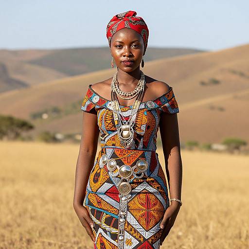 Photograph of a confident Black woman with dark skin, wearing a colorful, patterned off-shoulder dress and red headwrap, standing in a