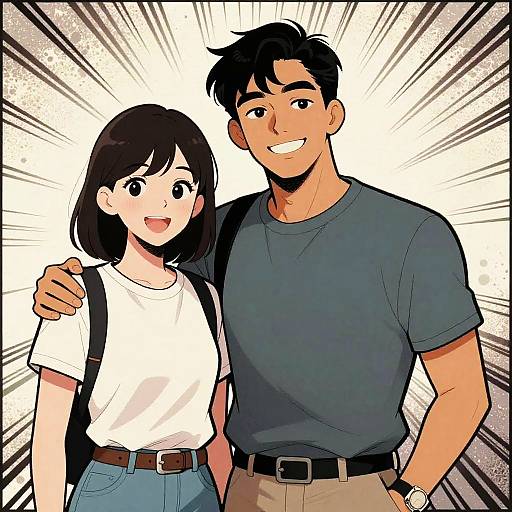 Anime-style digital illustration of a smiling couple: a petite girl with black hair, white shirt, and blue jeans, and a tall, muscular man with