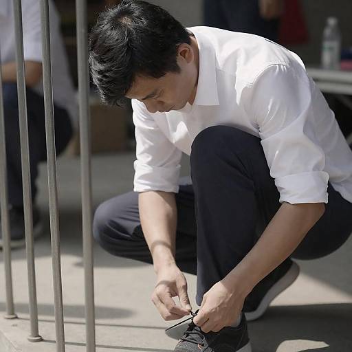 Man Tying Shoelace While Crouching