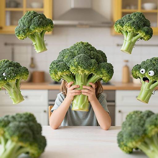 Photograph of a child with brown hair, wearing a gray shirt, hiding face with multiple floating, green broccoli heads, some with cartoonish eyes,