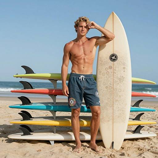 Fit Surfer with Surfboards on Sunny Beach