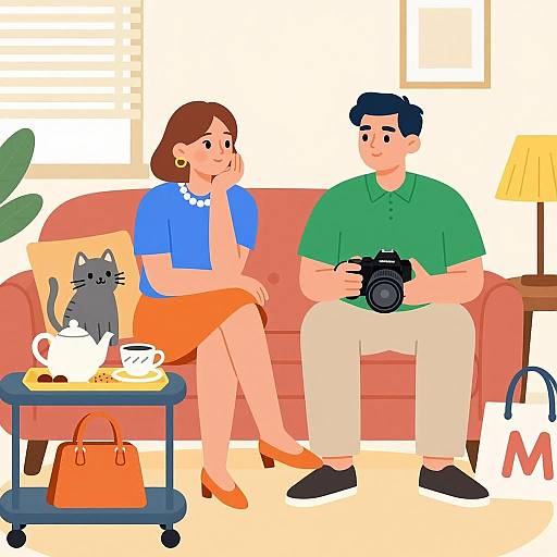Man and Woman in Living Room with Camera and Cat