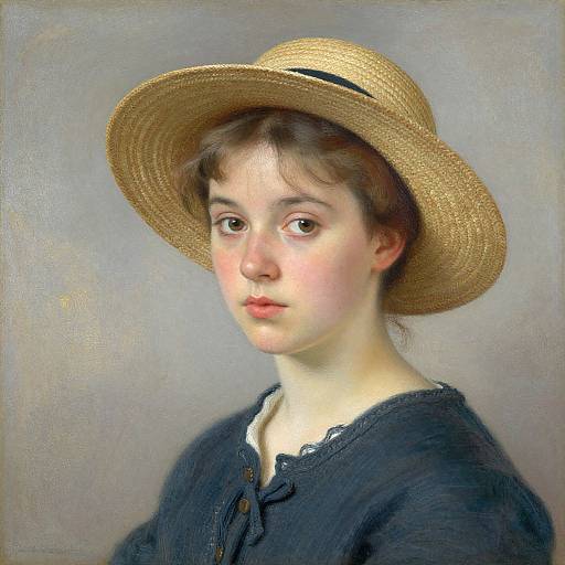 Realistic oil painting of a young woman with fair skin, brown eyes, and brown hair, wearing a straw hat and dark blue blouse.
