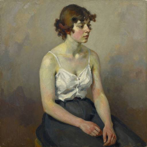 Oil painting of a young woman with short brown hair, white sleeveless top, and black skirt, seated against a muted gray background.