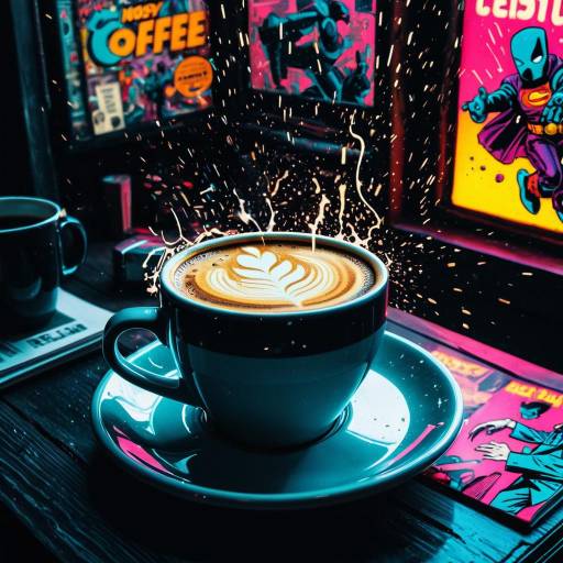 Levitating Coffee Cup with Neon Comic Art