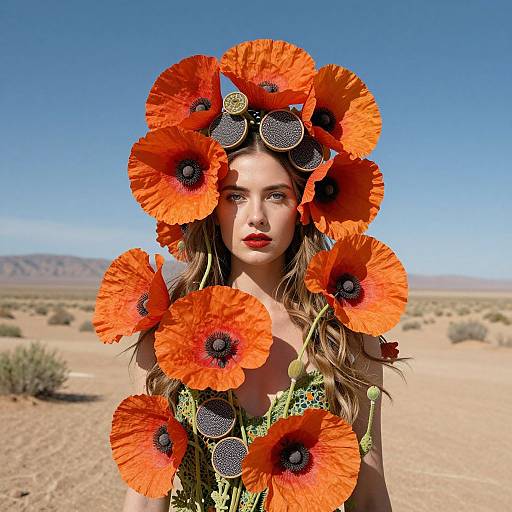Photograph of a fair-skinned woman with long brown hair, wearing a green dress adorned with large red poppies and black centers, standing in a