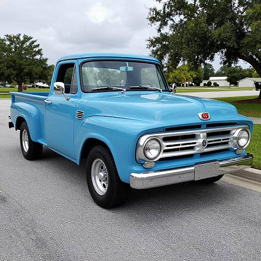 Photograph of a vibrant blue, vintage, 1960s Chevrolet pickup truck with chrome details, parked on a gray asphalt road, surrounded by green
