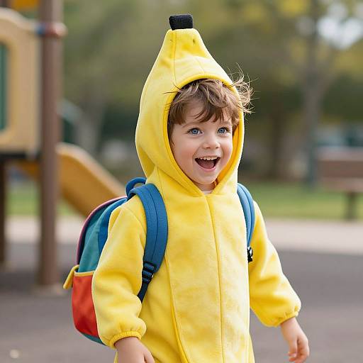 Photograph of a smiling young boy in a bright yellow hooded raincoat with a fish head, blue and red backpack, in a sunny playground.
